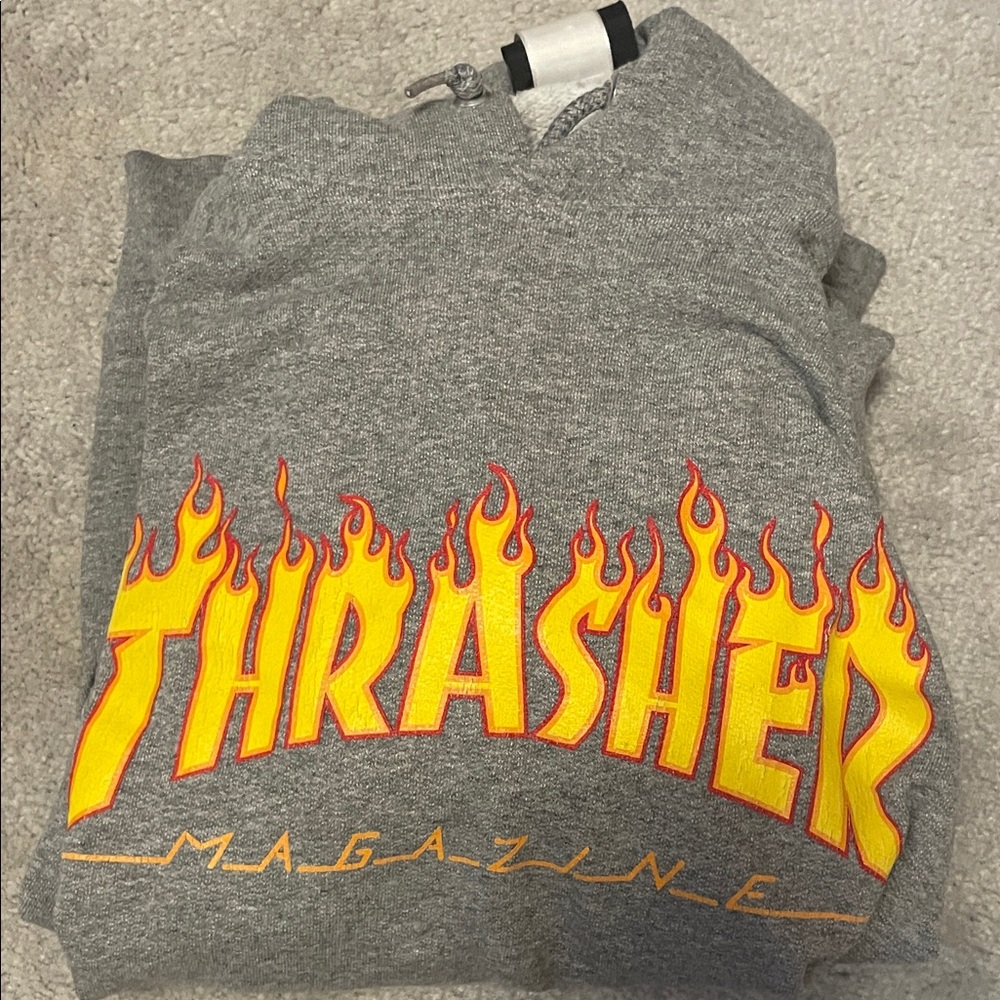 Thrasher Gray Sweatshirt with Yellow-Red Flame Design